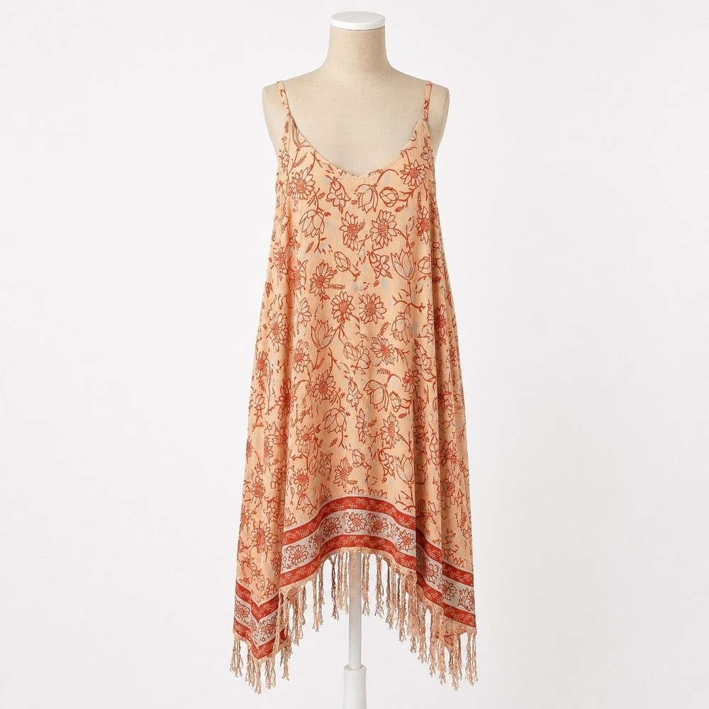 Asymmetrical Floral Fringe Maxi Sun Dress Size XL Beach Coastal Boho Festival